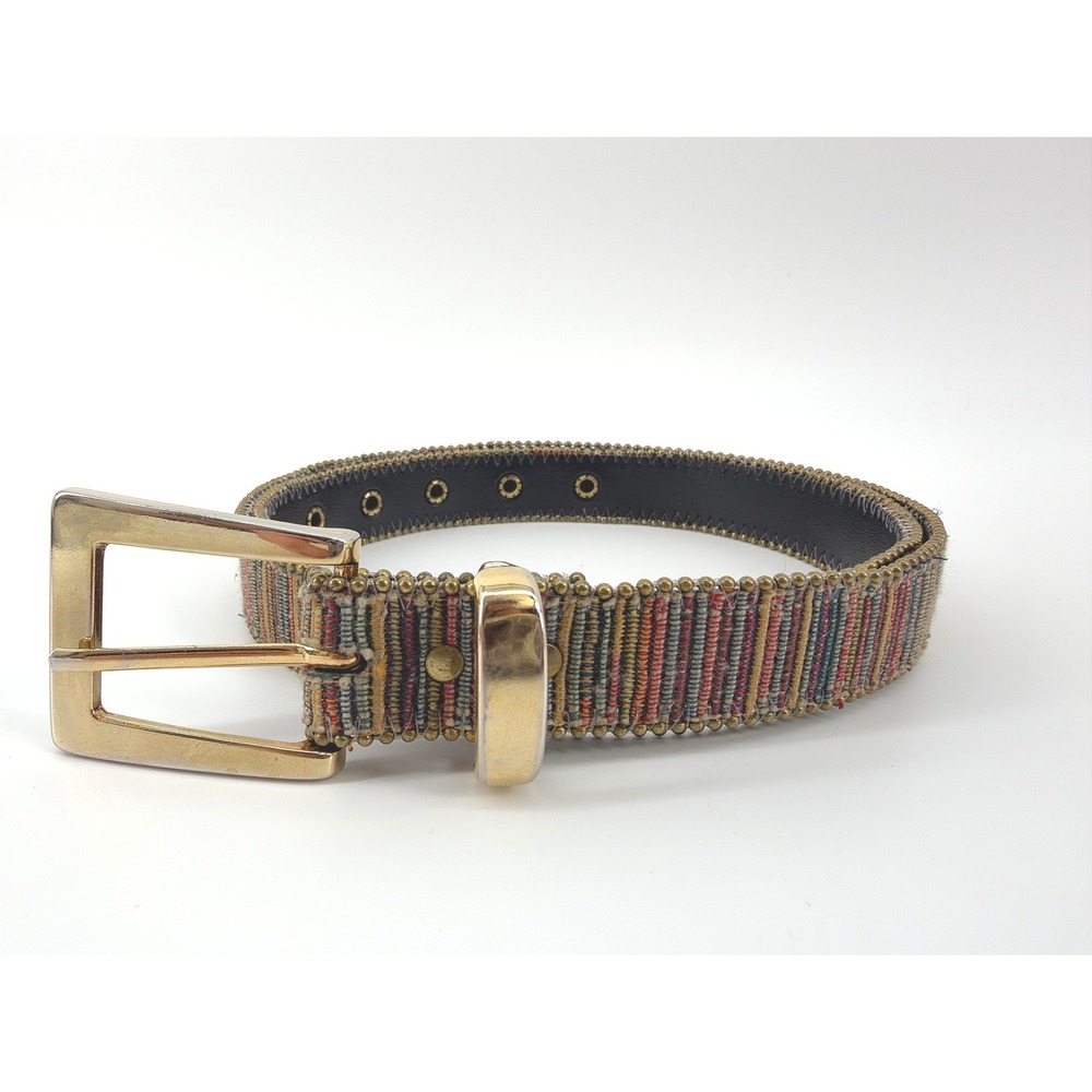 Bohemian Woven Tapestry Belt Size M Gold Buckle Brass Ball Bead Trim Eclectic